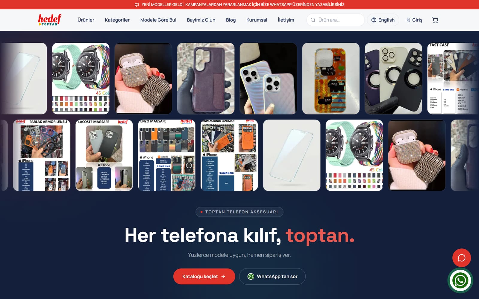 Hedef Toptan sitesinin ana sayfası: ürün görsellerinden oluşan yoğun ızgara ve “Her telefona kılıf, toptan” başlığı.